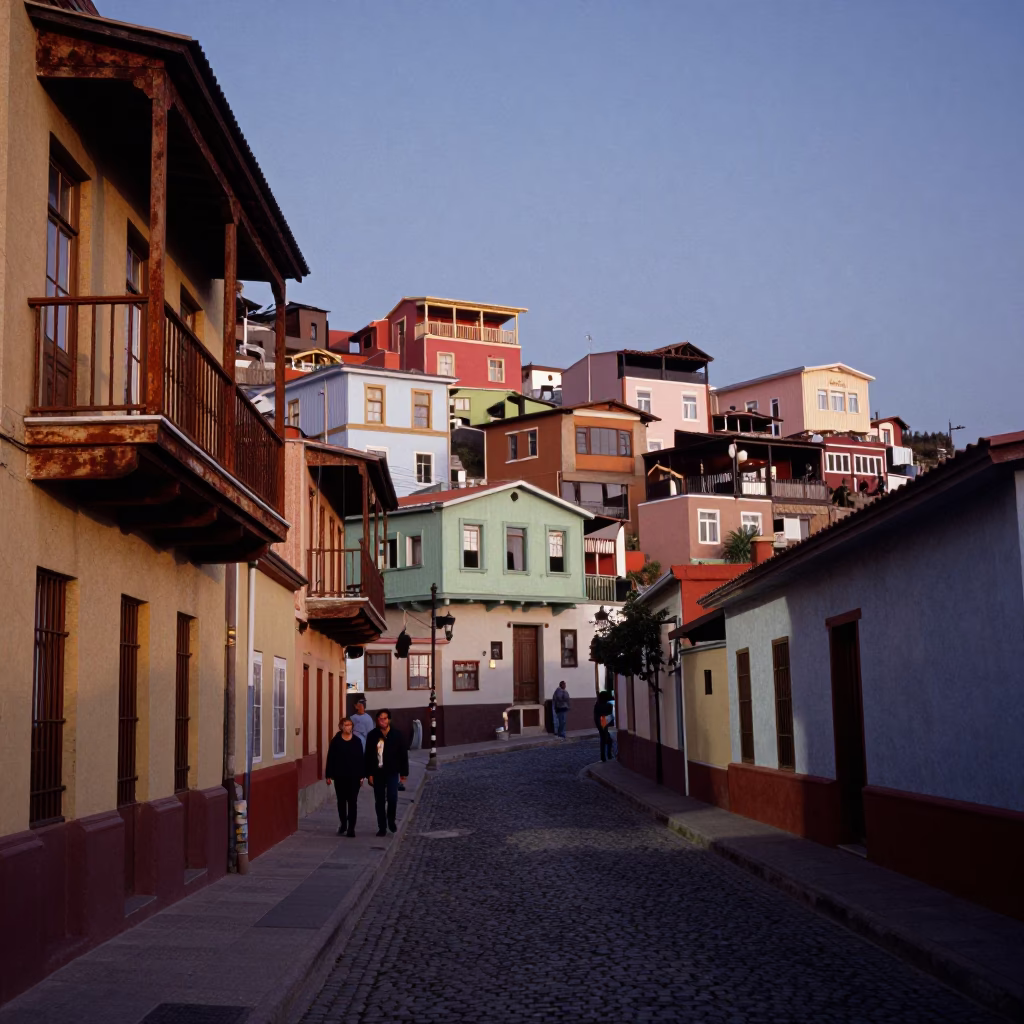 Twilight Street Scene in Valparaiso Chile with Vintage Architecture and Local Life in in Valparaiso, Chile