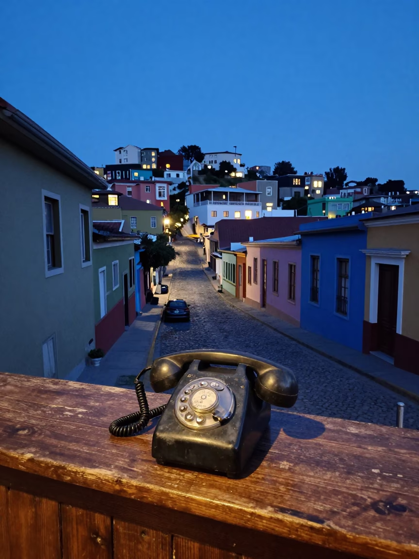 Twilight street scene in Valparaiso Chile with vintage Bakelite telephone and colorful hillside houses in in Valparaiso, Chile
