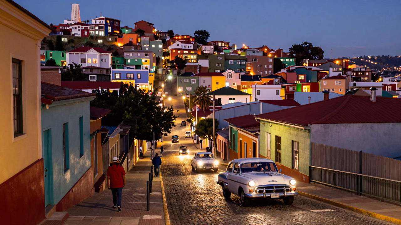 Twilight Street Scene in Valparaiso Chile with Vintage Car Rally and Local Life in in Valparaiso, Chile