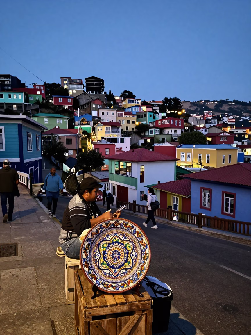Twilight Street Scene in Valparaiso Chile with Vintage Majolica Plate and Laundry in in Valparaiso, Chile