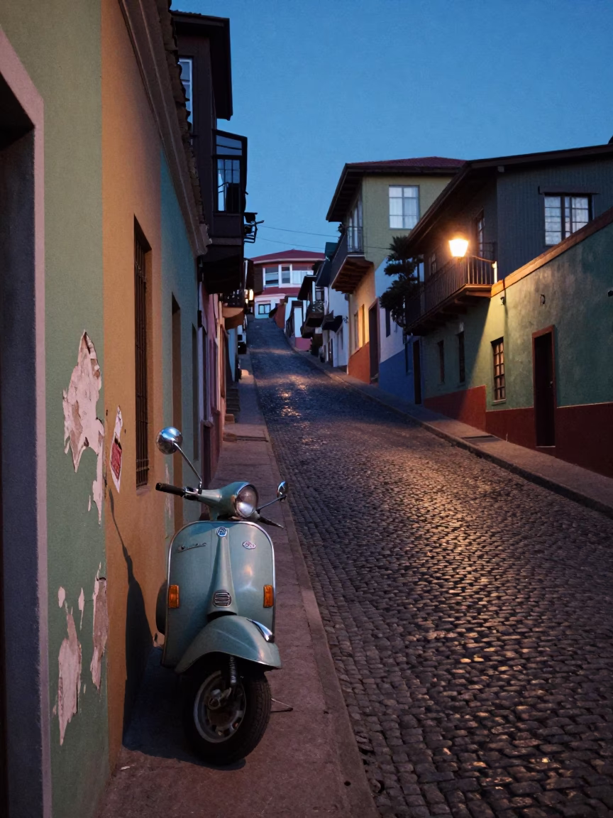 Twilight Street Scene in Valparaiso Chile with Vintage Vespa and Cobblestone Alley in in Valparaiso, Chile