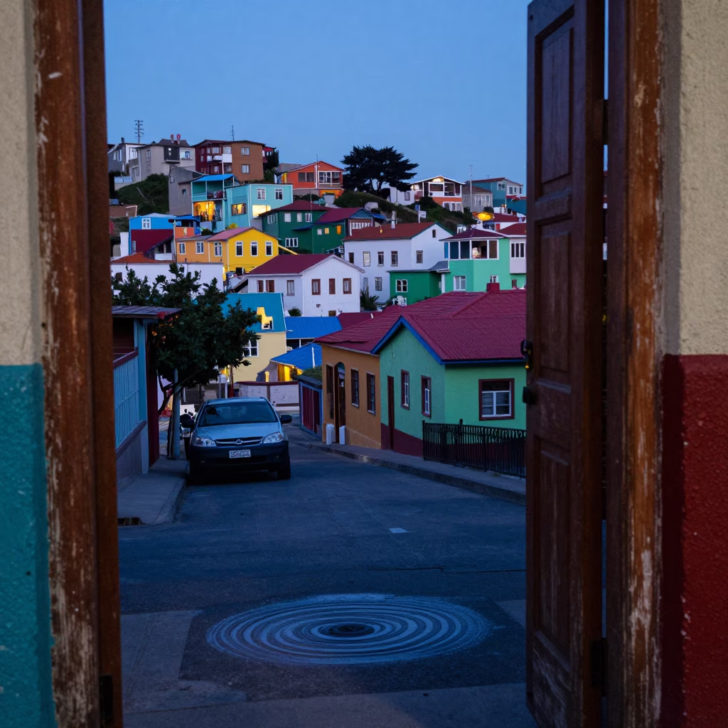 Twilight Street Scene in Valparaiso Chile with Water Rings on Doorframe and Wall Hook in in Valparaiso, Chile