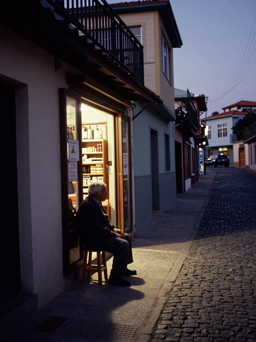 Twilight Street Scene in Valparaiso Chile with Wooden Stool and Sun Stripe in in Valparaiso, Chile