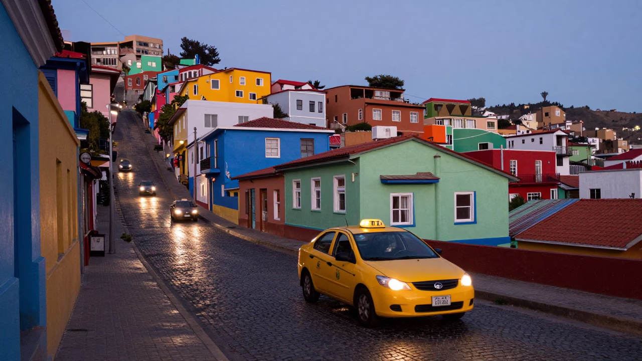 Twilight Street Scene in Valparaiso Chile with Yellow Taxi and Colorful Hillside Houses in in Valparaiso, Chile