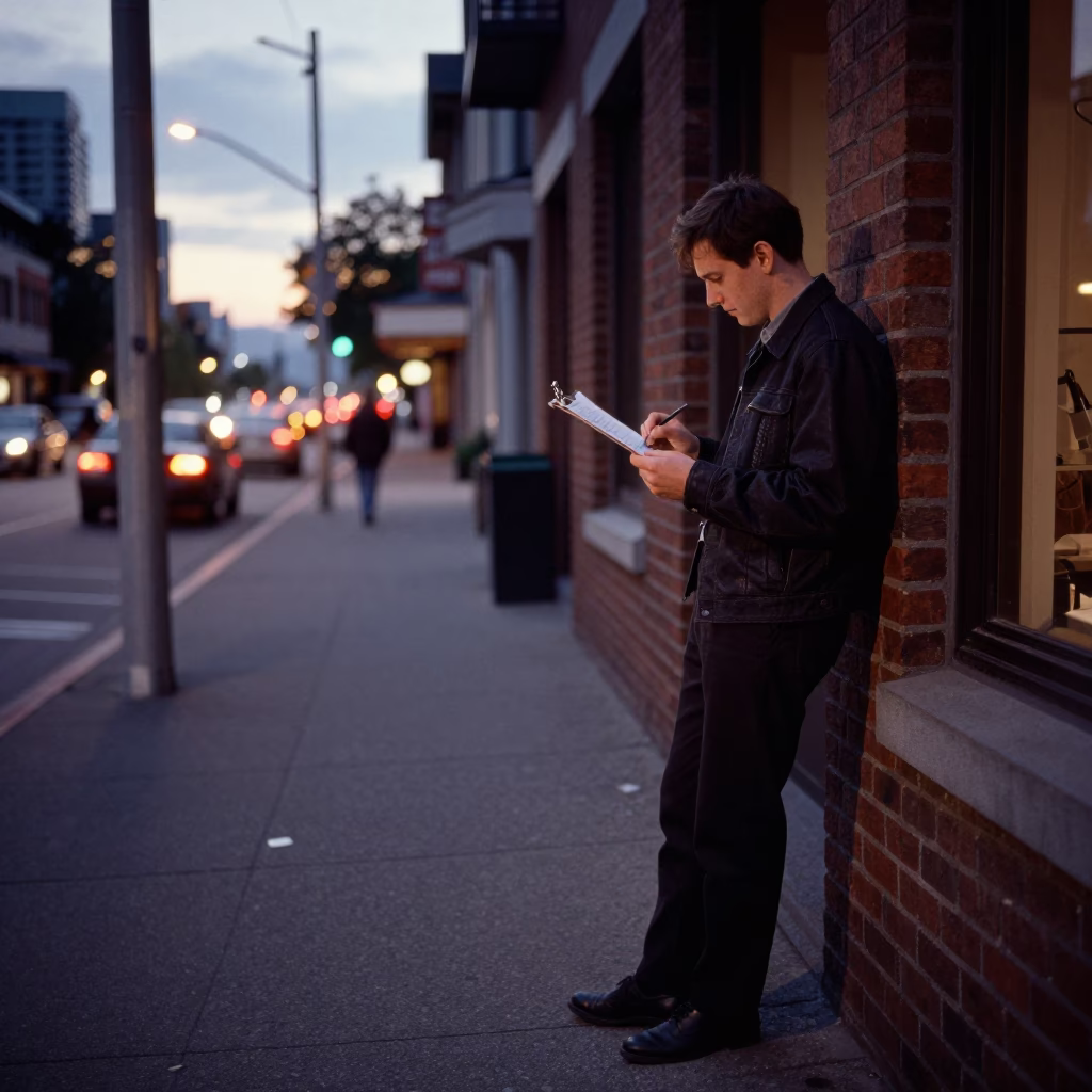 Twilight Street Scene in Vancouver BC with Clipboard and Steel Pitcher in in Vancouver, British Columbia, Canada