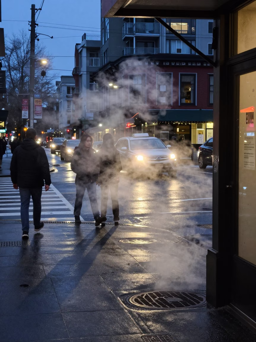 Twilight Street Scene in Vancouver BC with Steam Haze and Urban Life in in Vancouver, British Columbia, Canada