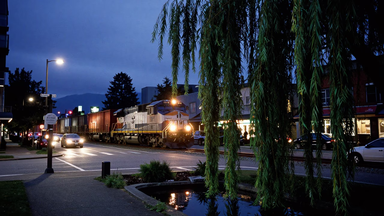 Twilight Street Scene in Vancouver British Columbia Canada with Freight Train and Willow Tree in in Vancouver, British Columbia, Canada
