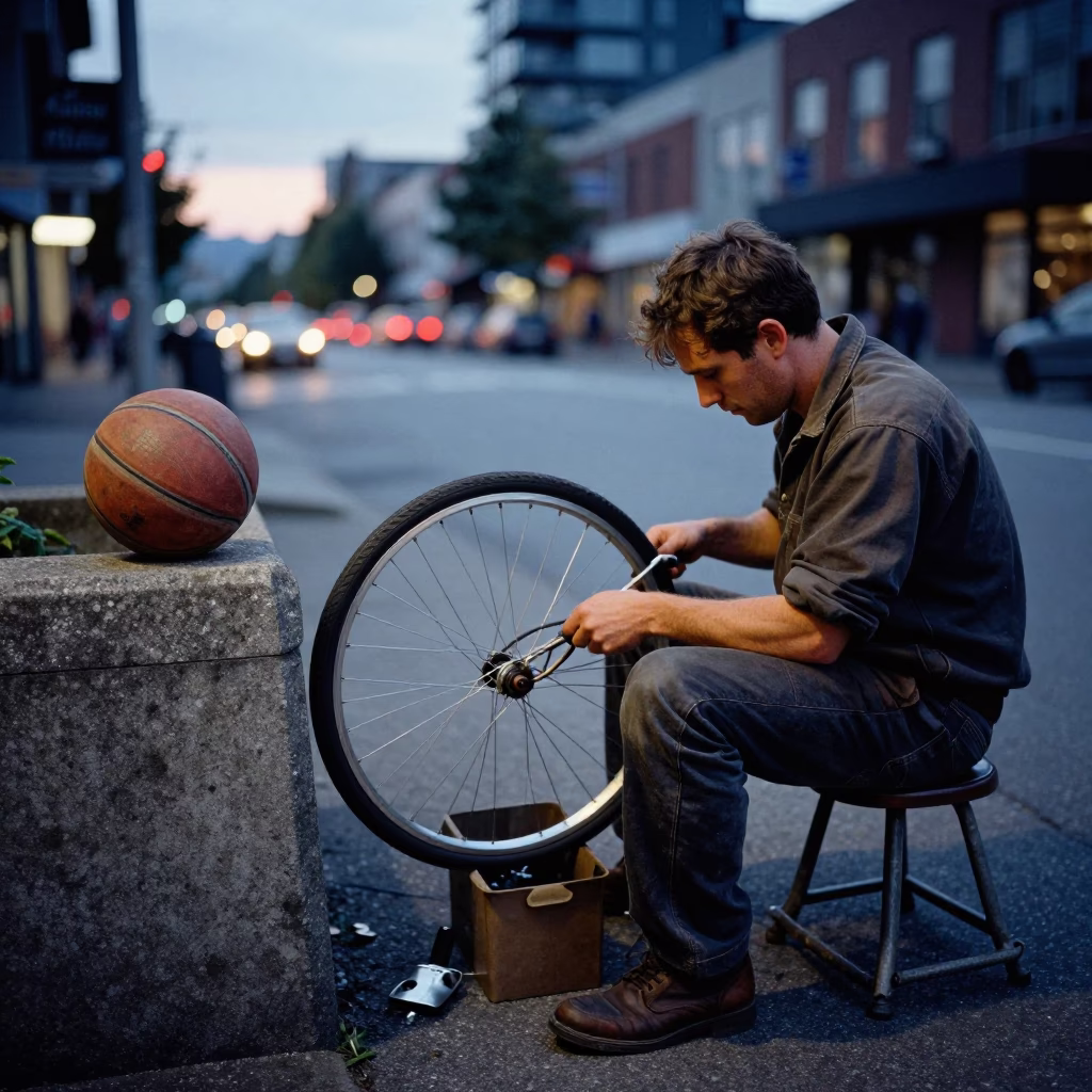 Twilight Street Scene in Vancouver British Columbia with Bicycle Mechanic and Leather Basketball in in Vancouver, British Columbia, Canada