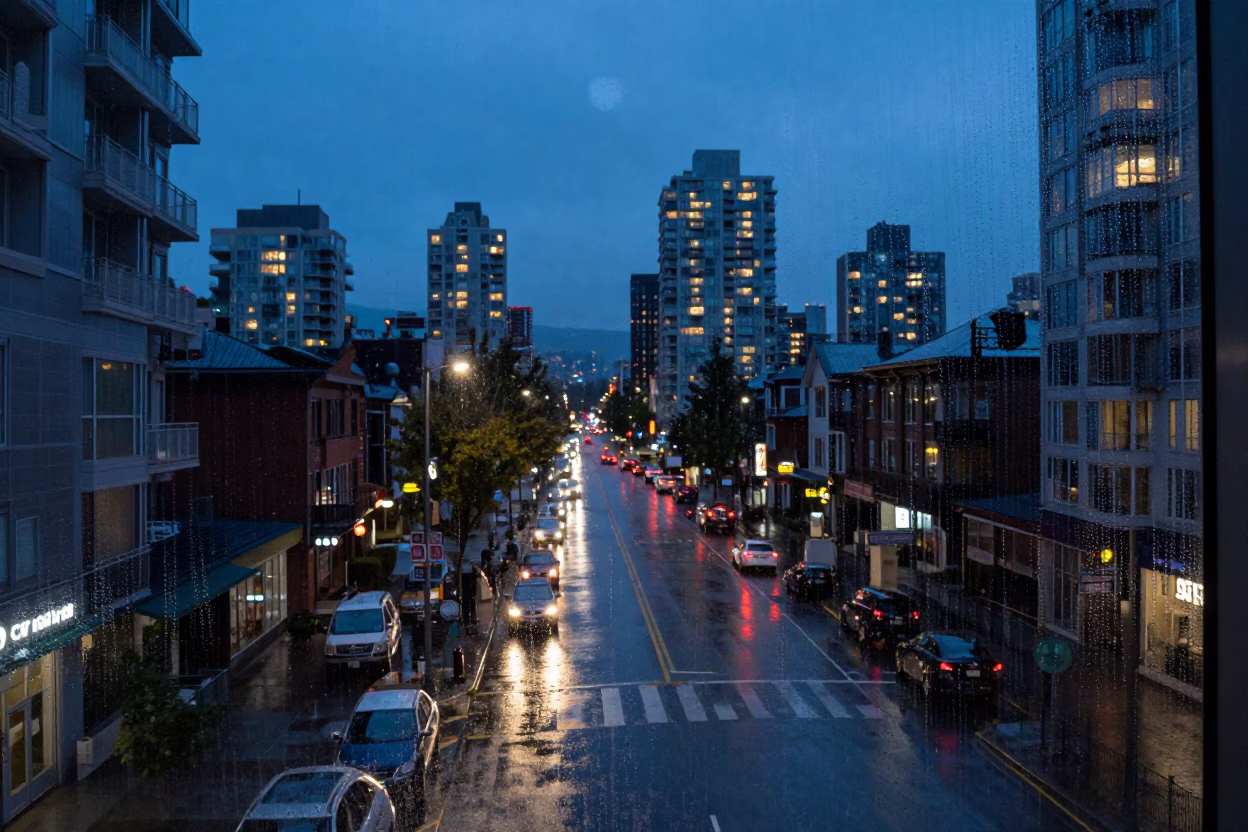 Twilight Street Scene in Vancouver British Columbia with Condensation on Glass and Urban Details in in Vancouver, British Columbia, Canada