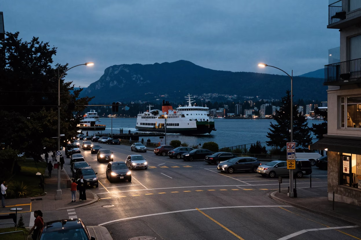 Twilight Street Scene in Vancouver British Columbia with Ferry and Mountains in in Vancouver, British Columbia, Canada