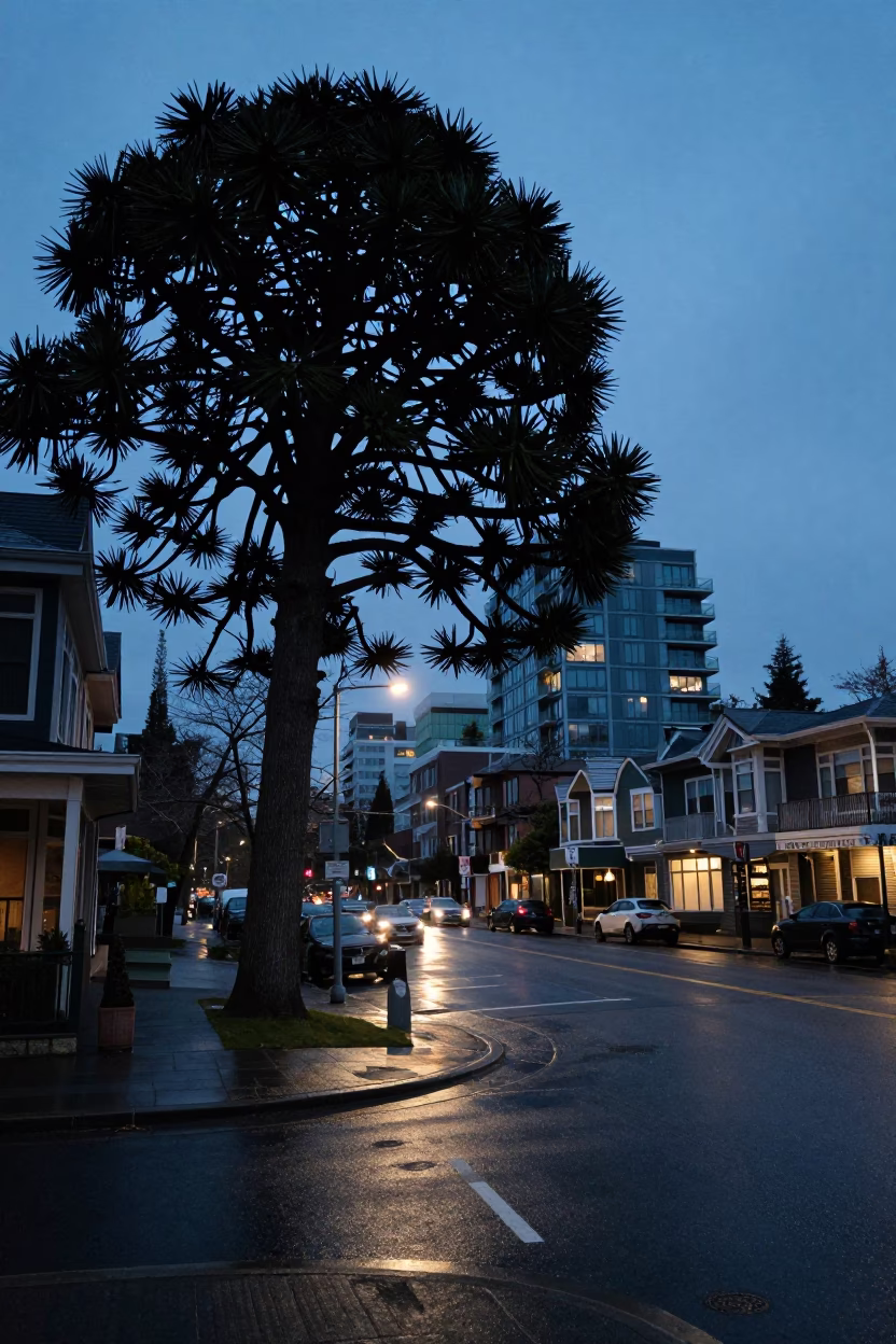 Twilight street scene in Vancouver British Columbia with monkey puzzle tree and parked cars in in Vancouver, British Columbia, Canada