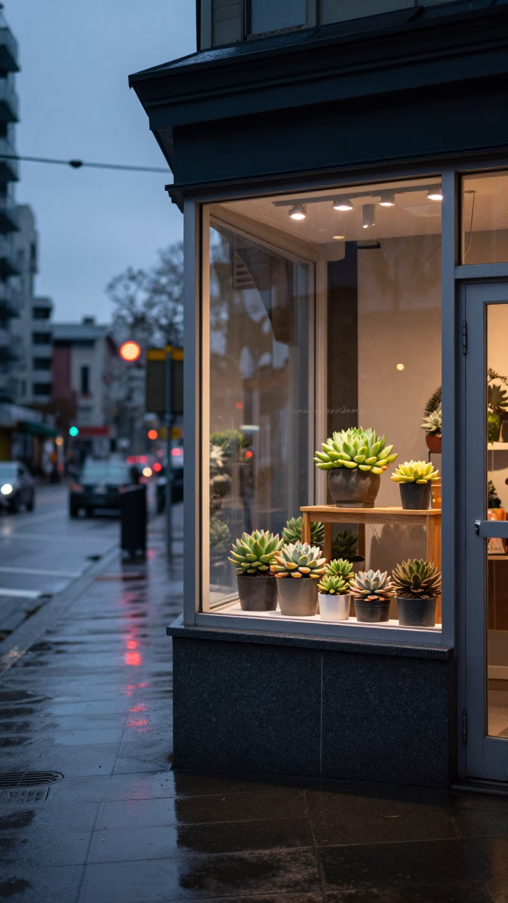 Twilight Street Scene in Vancouver British Columbia with Succulents and Urban Life in in Vancouver, British Columbia, Canada