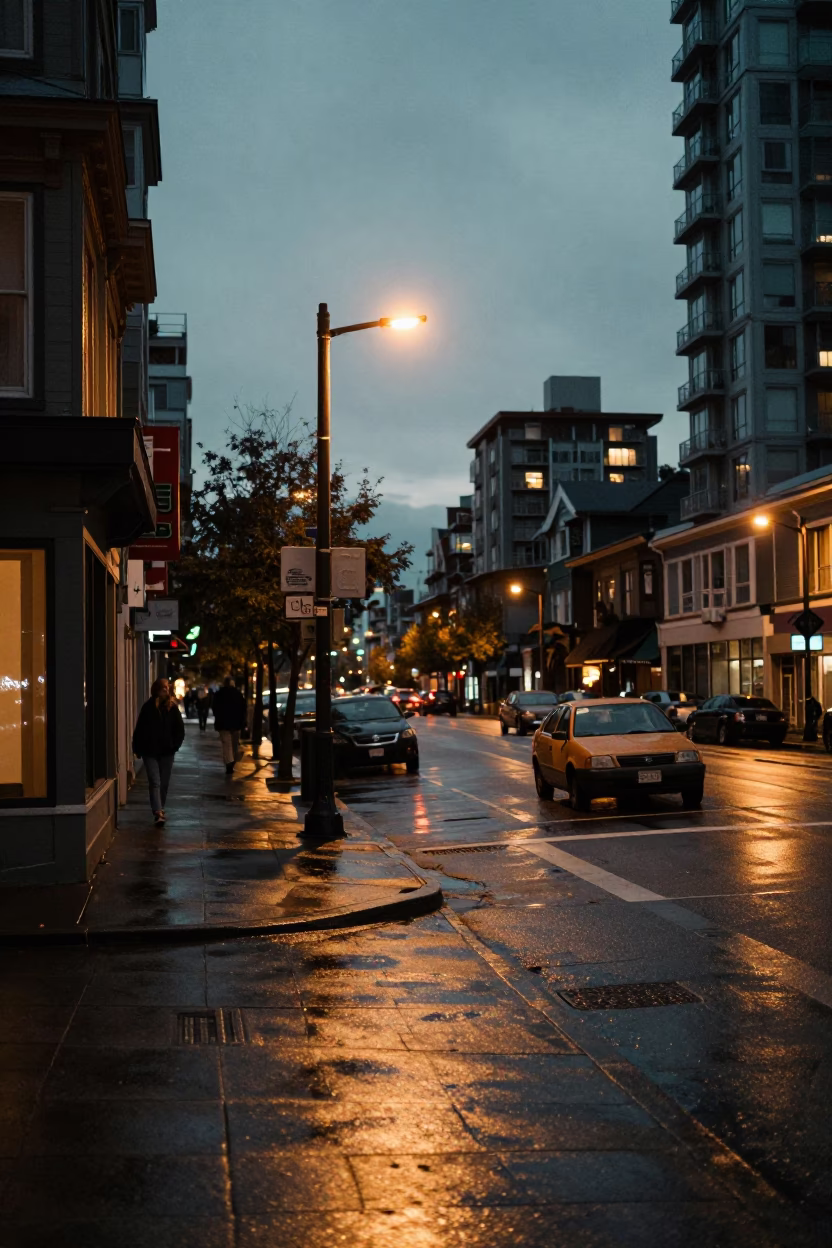 Twilight Street Scene in Vancouver British Columbia with Vintage 1960s Aesthetic and Local Details in in Vancouver, British Columbia, Canada