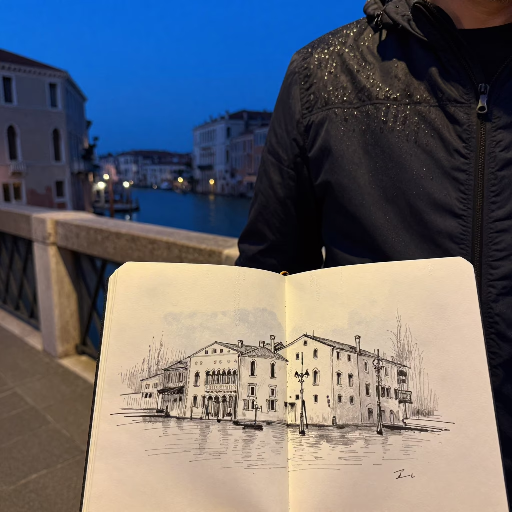 Twilight Street Scene in Venice Italy with Sketchbook and Condensation on Runner in in Venice, Italy