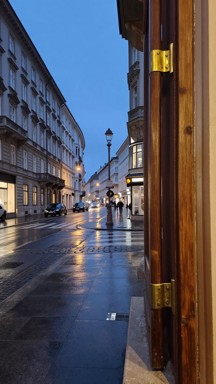 Twilight Street Scene in Vienna Austria with Brass Hinge and Wooden Spoon in in Vienna, Austria