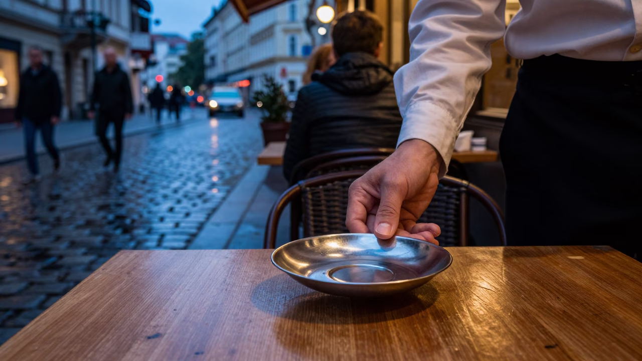 Twilight Street Scene in Vienna Austria with Brushed Steel Saucer in in Vienna, Austria