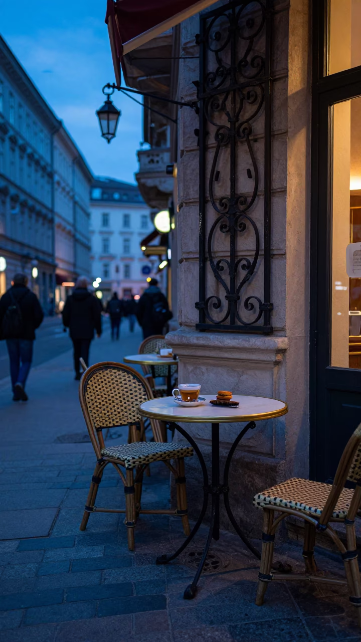Twilight Street Scene in Vienna Austria with Cardamom Tea and Comb on Cafe Table in in Vienna, Austria