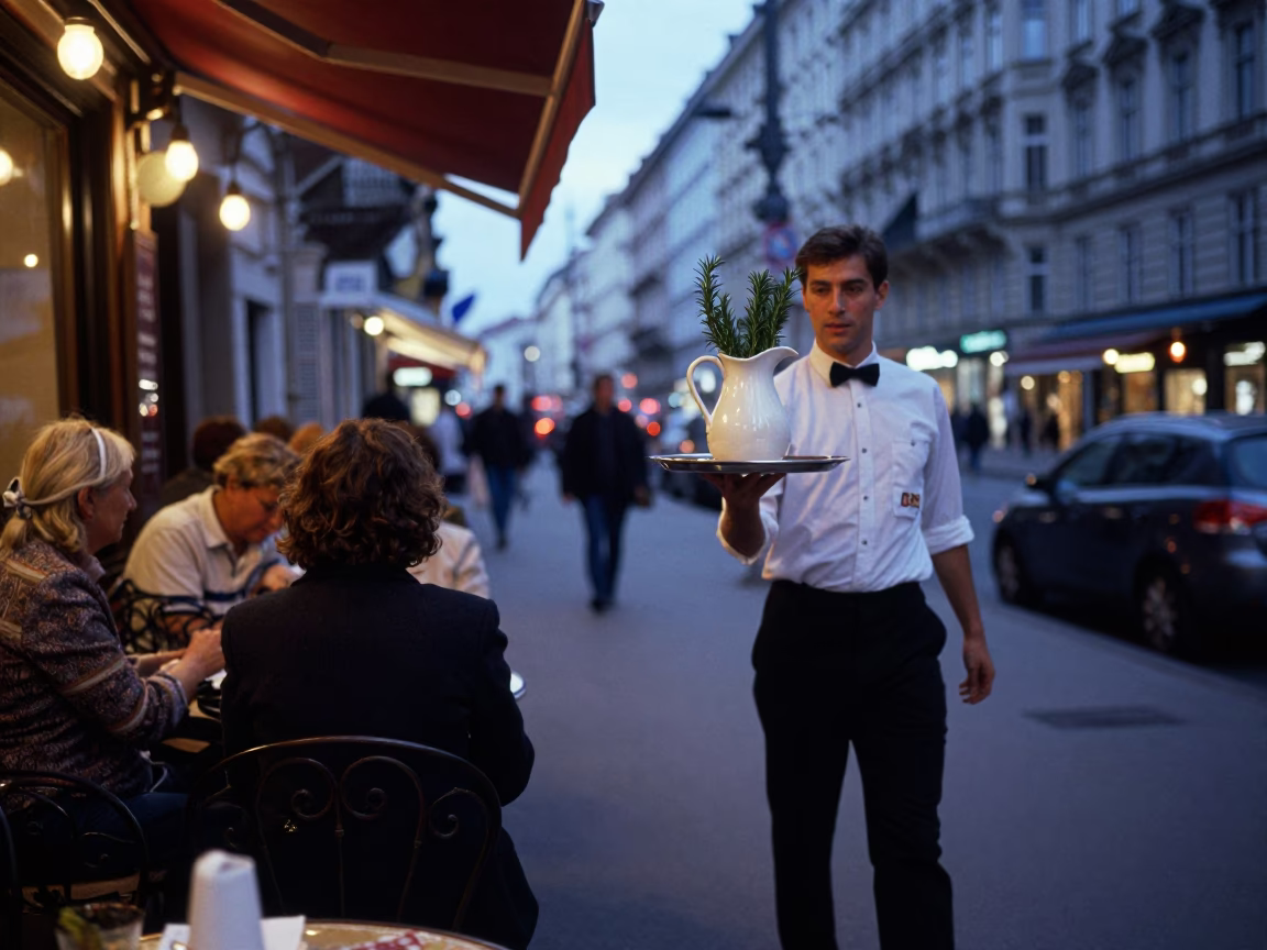 Twilight Street Scene in Vienna Austria with Ceramic Pitcher and Rosemary Sprigs in in Vienna, Austria