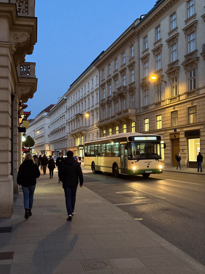 Twilight Street Scene in Vienna Austria with Classic Bus and Pedestrians in in Vienna, Austria