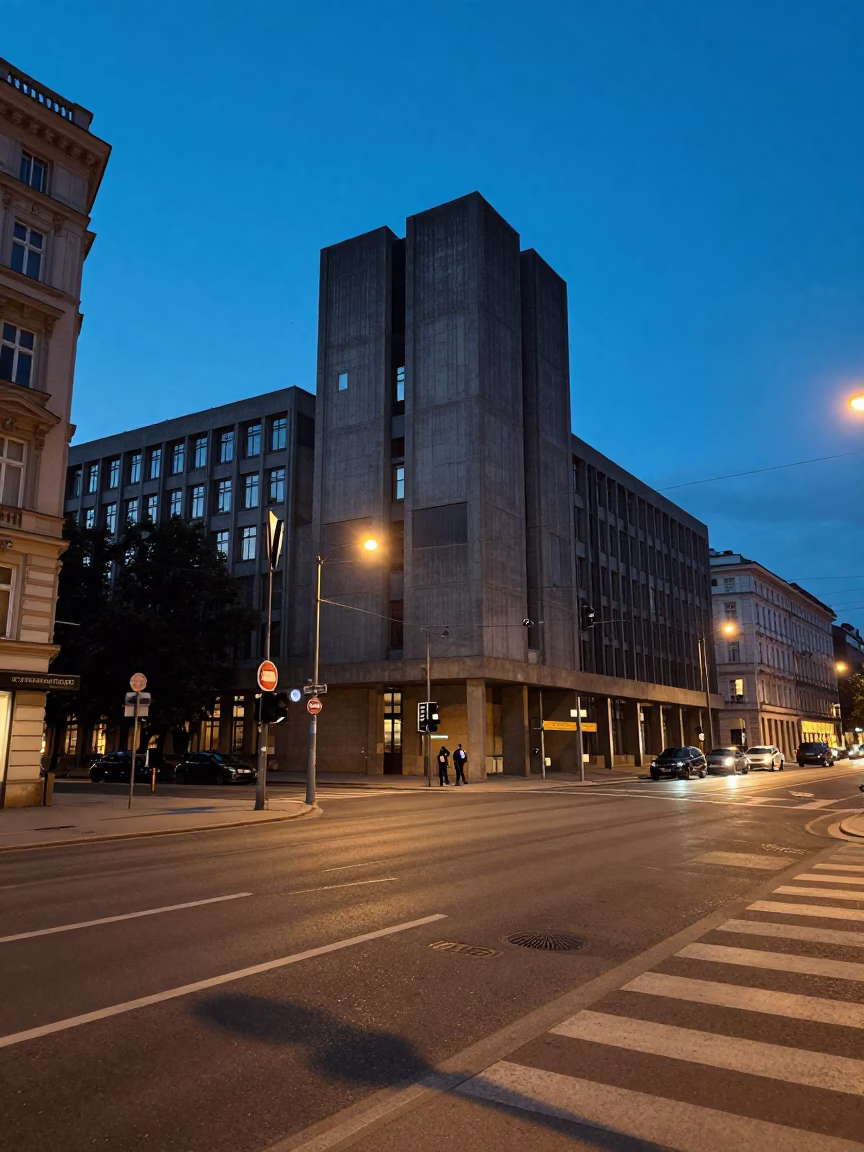 Twilight Street Scene in Vienna Austria with Concrete Brutalist Building and Urban Life in in Vienna, Austria