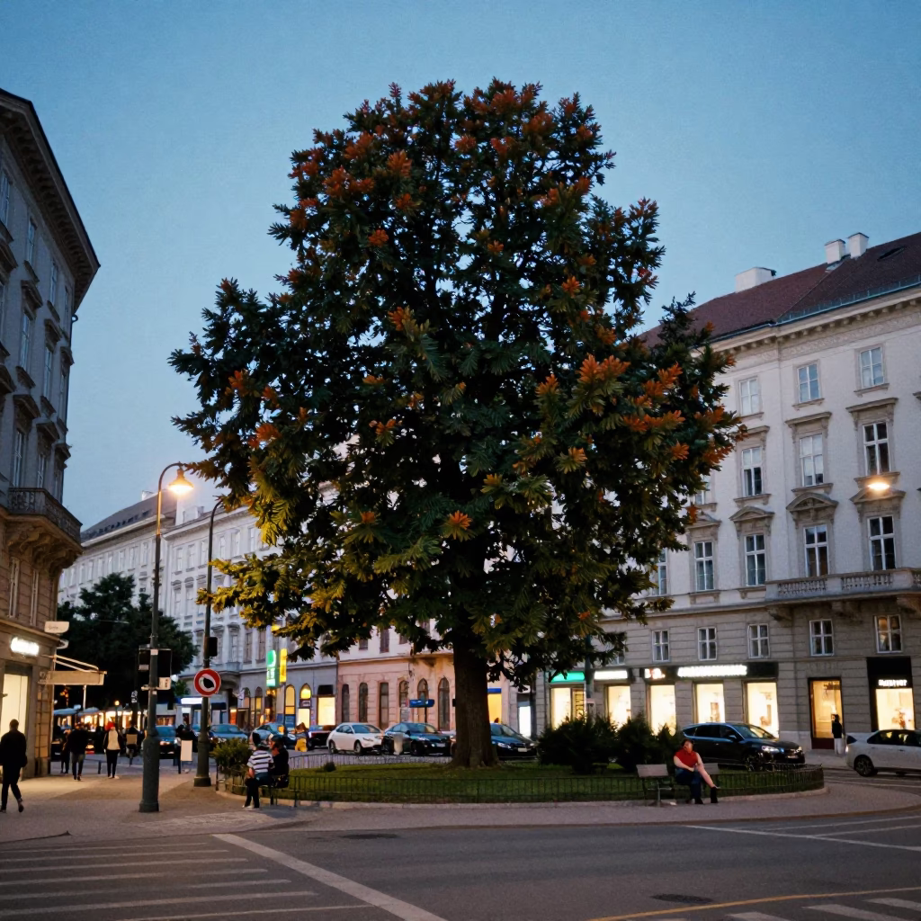 Twilight Street Scene in Vienna Austria with Copper Beech Tree and Historic Architecture in in Vienna, Austria