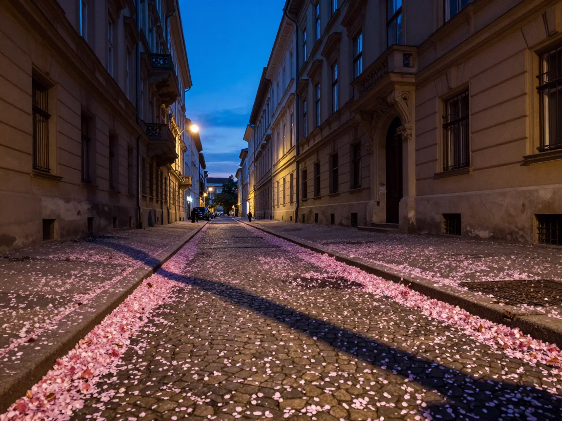 Twilight Street Scene in Vienna Austria with Fallen Petals and Urban Architecture in in Vienna, Austria