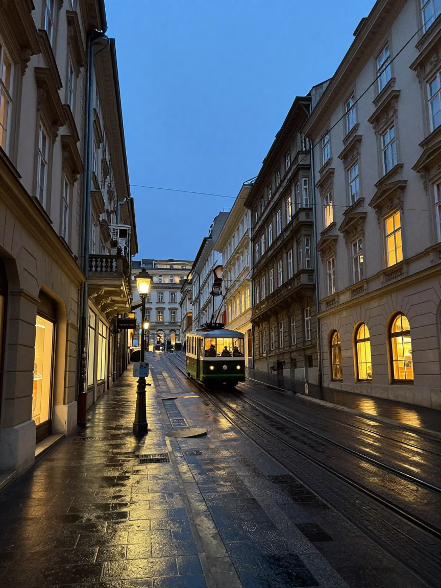 Twilight Street Scene in Vienna Austria with Funicular Railway and Wet Pavement Reflections in in Vienna, Austria