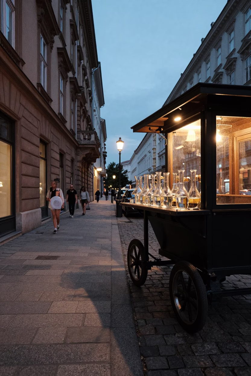 Twilight Street Scene in Vienna Austria with Glass Carafe and Casters in in Vienna, Austria