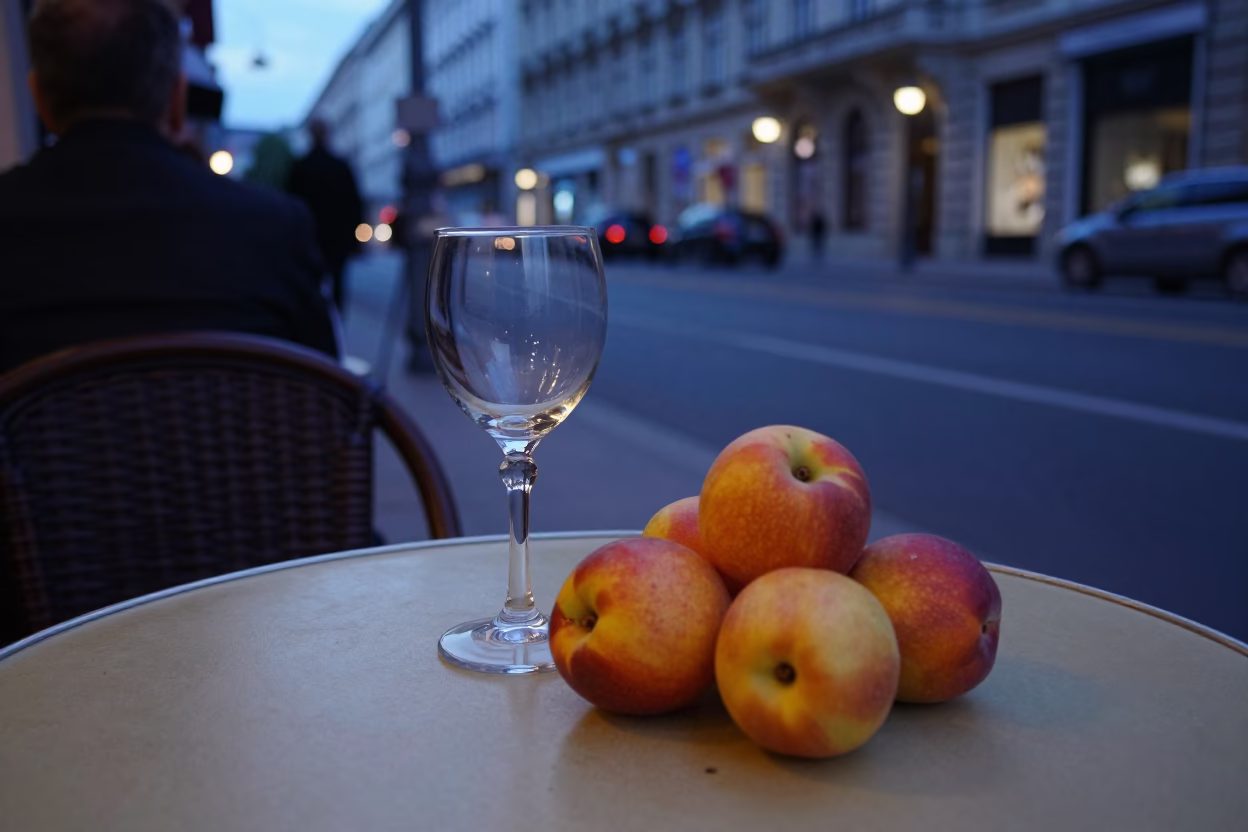 Twilight Street Scene in Vienna Austria with Goblet and Nectarines on Sidewalk Cafe Table in in Vienna, Austria