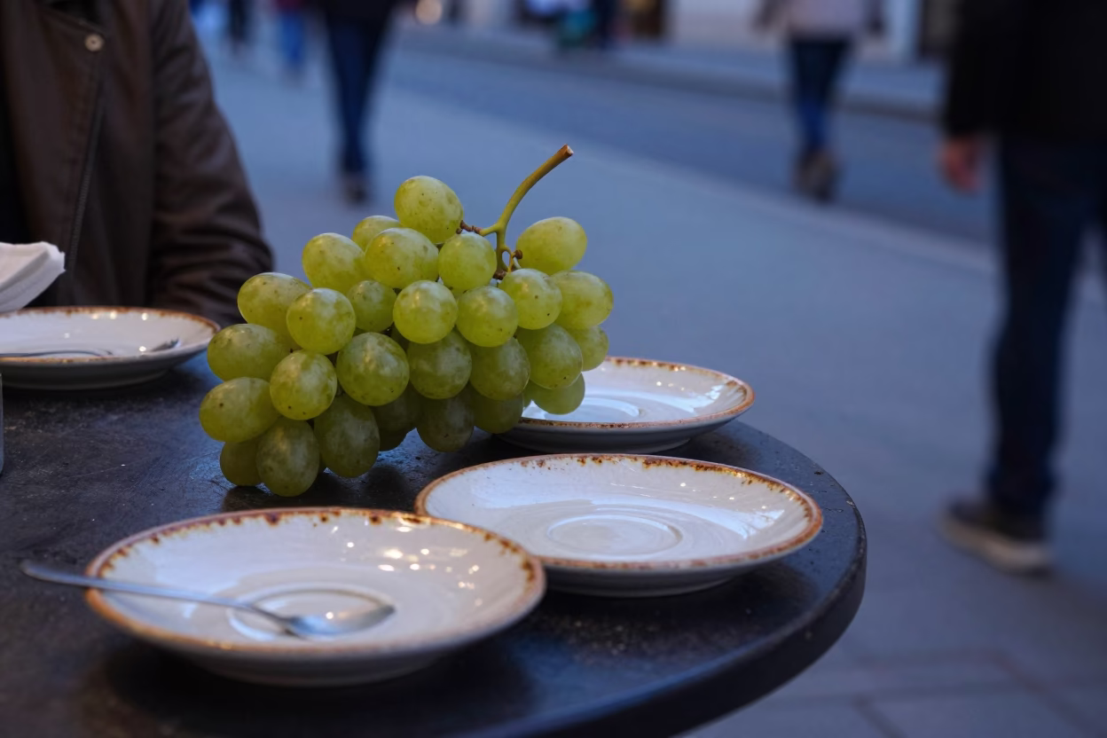 Twilight Street Scene in Vienna Austria with Grapes and Rustic Saucers in in Vienna, Austria