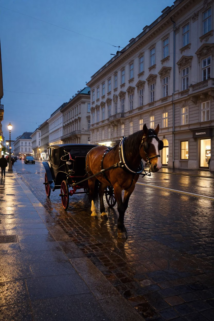Twilight Street Scene in Vienna Austria with Horse Drawn Cart and Cobblestone Street in in Vienna, Austria