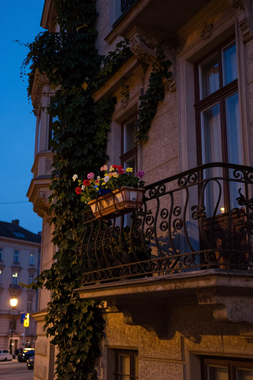 Twilight Street Scene in Vienna Austria with Ivy Vines and Urban Details in in Vienna, Austria