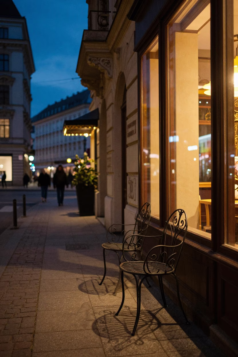 Twilight Street Scene in Vienna Austria with Spindle Chair Outside Cafe in in Vienna, Austria