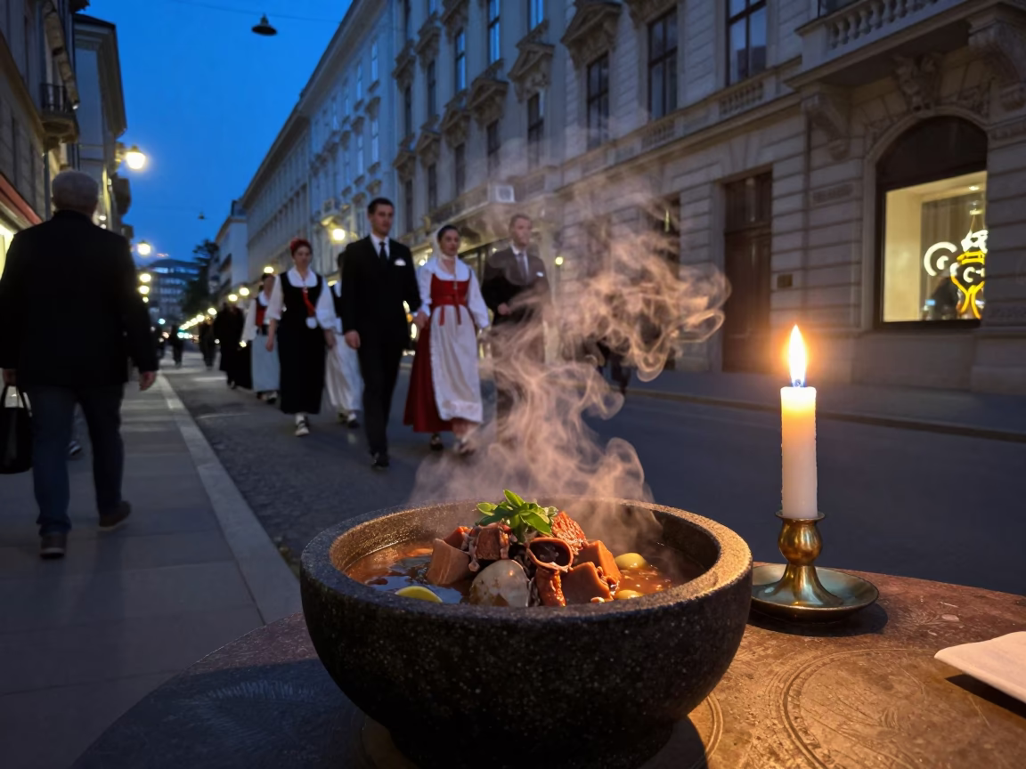 Twilight Street Scene in Vienna Austria with Stone Bowl of Dolsot Bibimbap and Candlestick in in Vienna, Austria