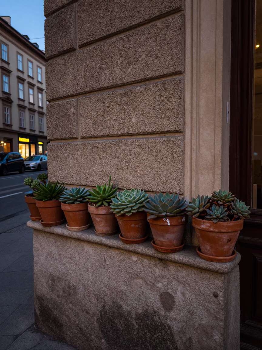 Twilight Street Scene in Vienna Austria with Succulents and Rusty Hardware in in Vienna, Austria
