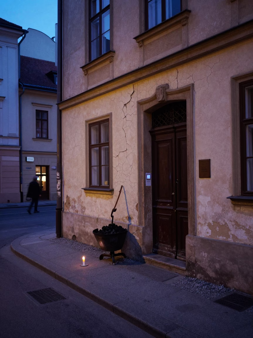Twilight Street Scene in Vienna Austria with Taper Candle and Cracked Stucco in in Vienna, Austria
