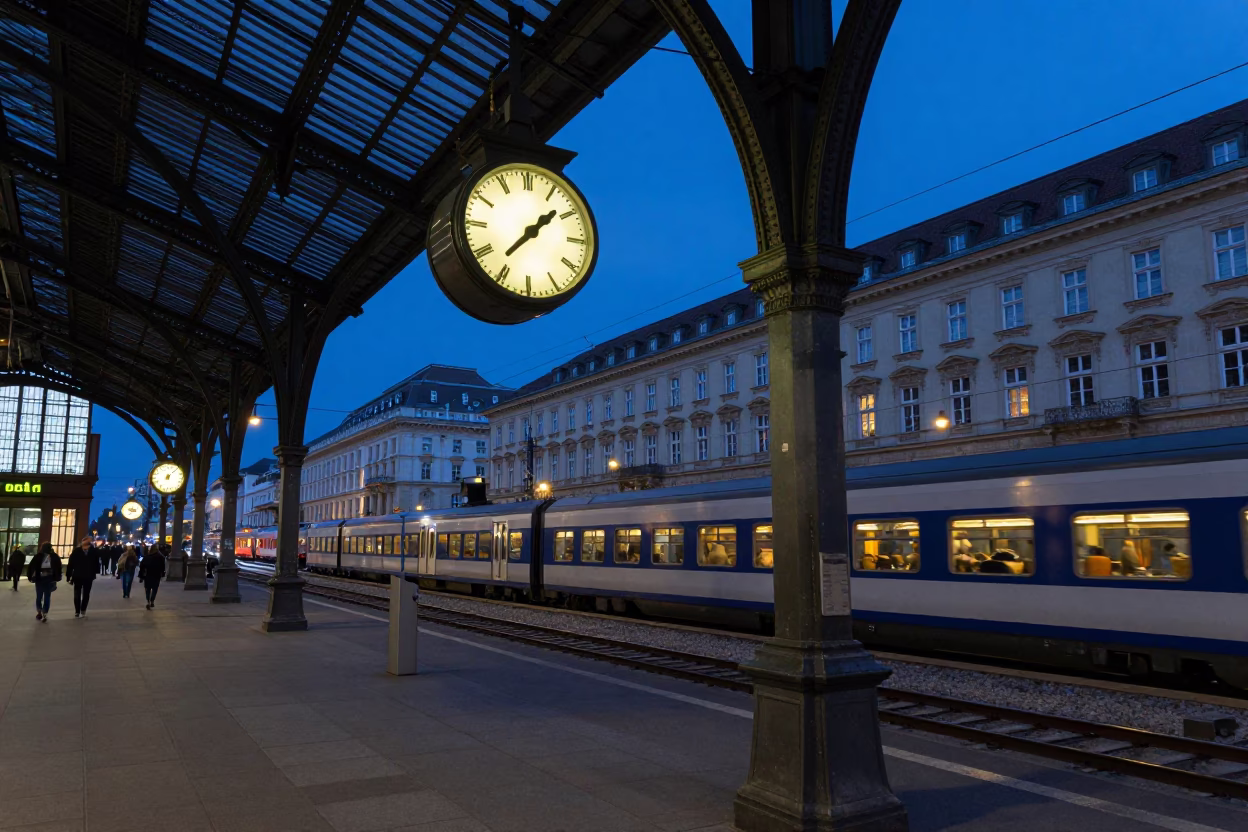 Twilight Street Scene in Vienna Austria with Train Station Clock and Iron Roof in in Vienna, Austria