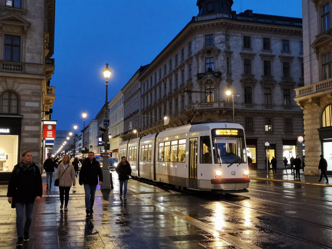 Twilight Street Scene in Vienna Austria with Tram and Pedestrians in in Vienna, Austria