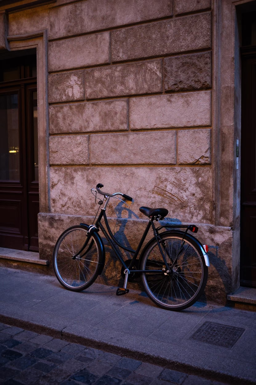 Twilight street scene in Vienna Austria with vintage bicycle against wall in in Vienna, Austria