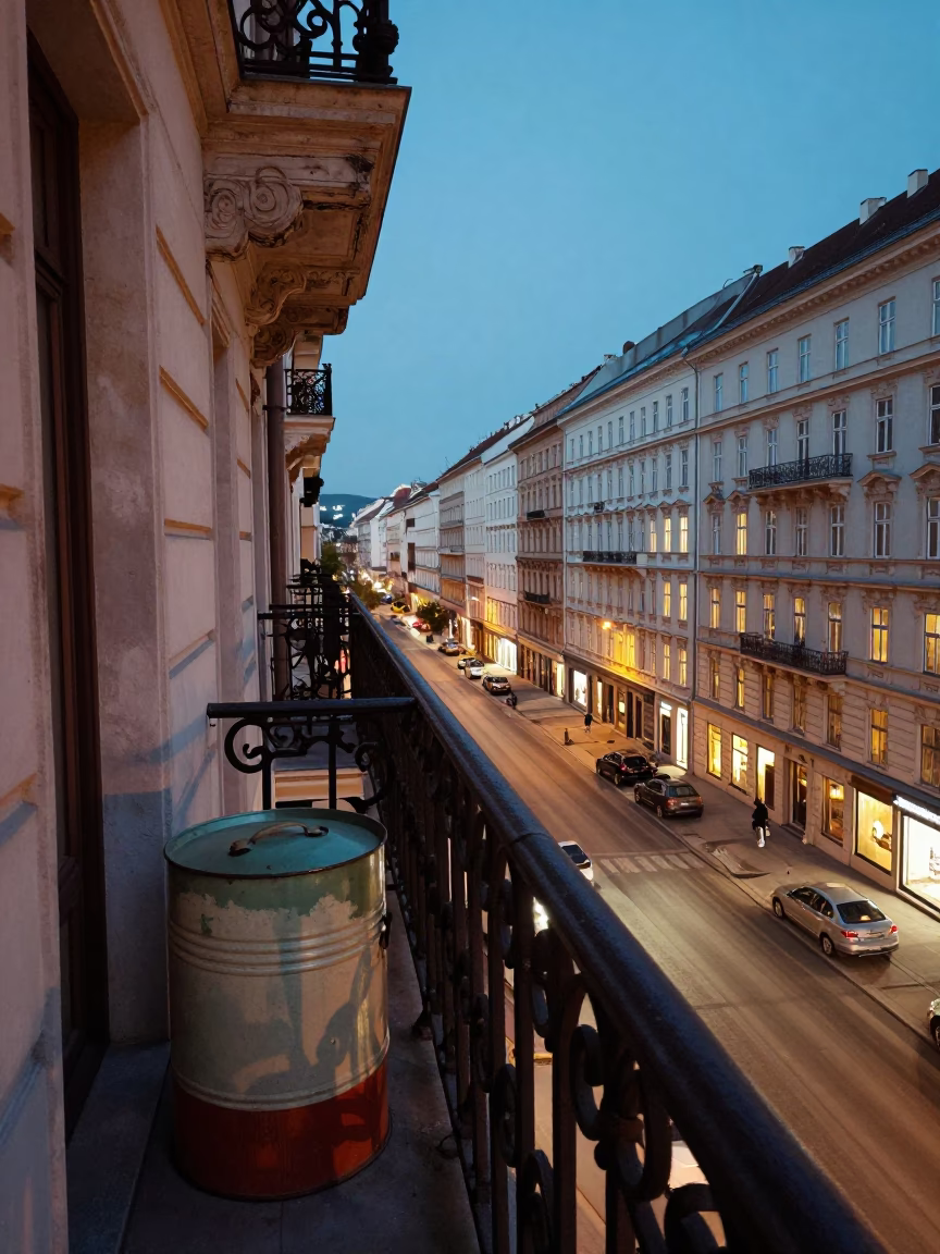 Twilight Street Scene in Vienna Austria with Vintage Canister Set on Balcony in in Vienna, Austria