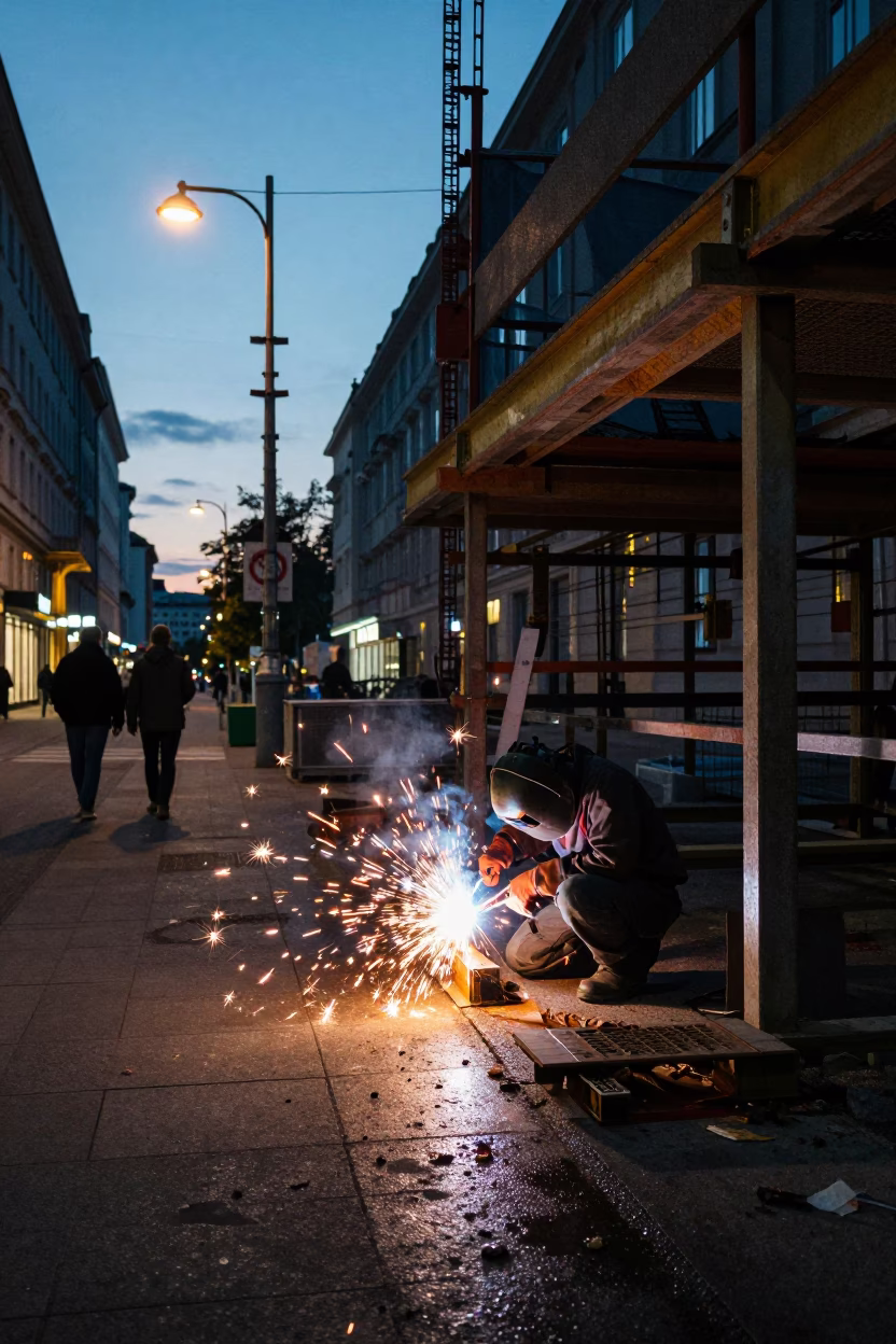 Twilight Street Scene in Vienna Austria with Welding Sparks and Moth in in Vienna, Austria