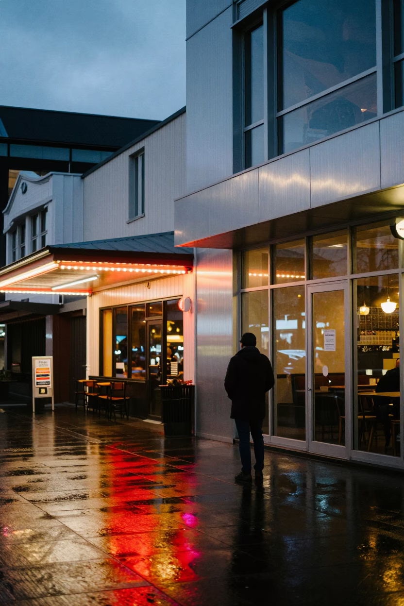 Twilight Street Scene in Wellington New Zealand with Brushed Steel and Glass Bottles in in Wellington, New Zealand