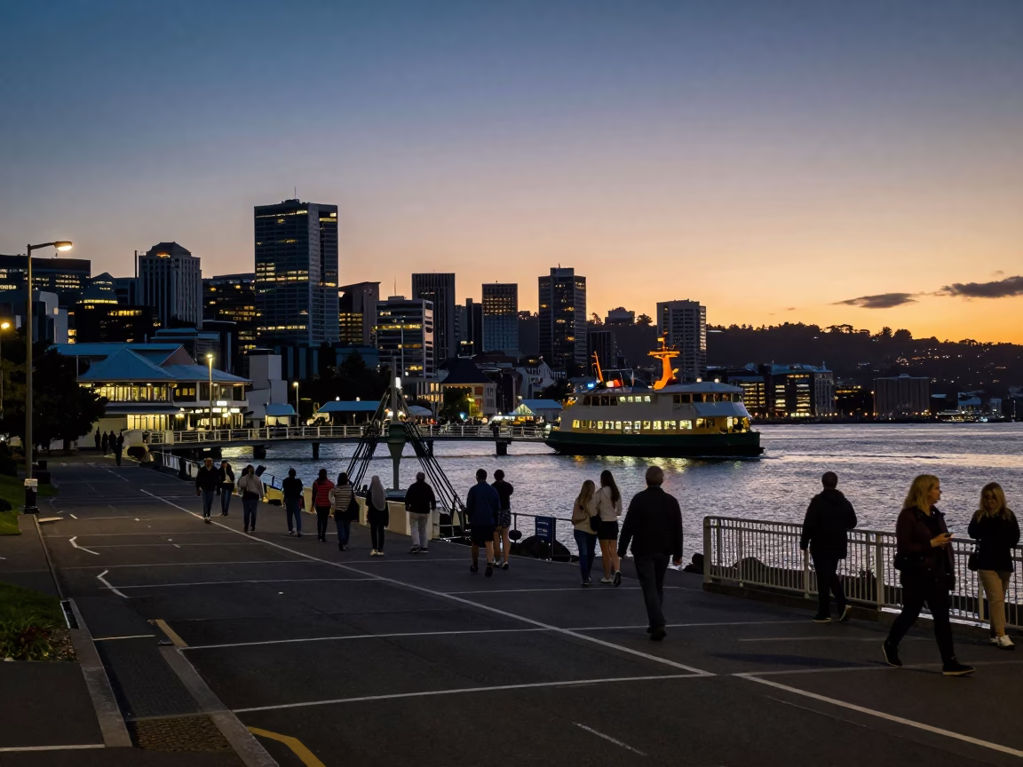 Twilight Street Scene in Wellington New Zealand with Chain Ferry Crossing Harbour in in Wellington, New Zealand