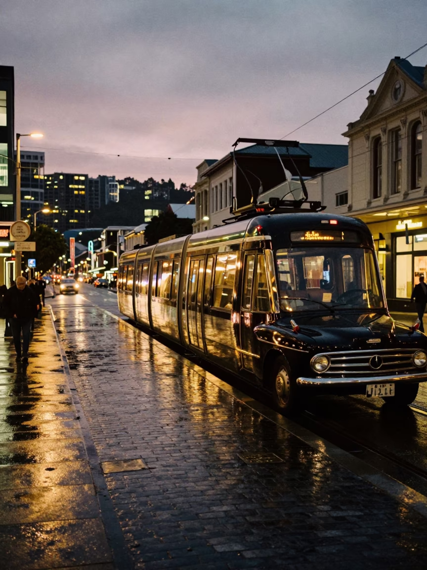 Twilight Street Scene in Wellington New Zealand with Monorail Reflection in in Wellington, New Zealand