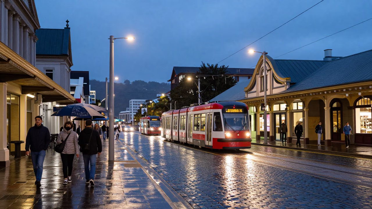 Twilight Street Scene in Wellington New Zealand with Tram and Umbrellas in in Wellington, New Zealand