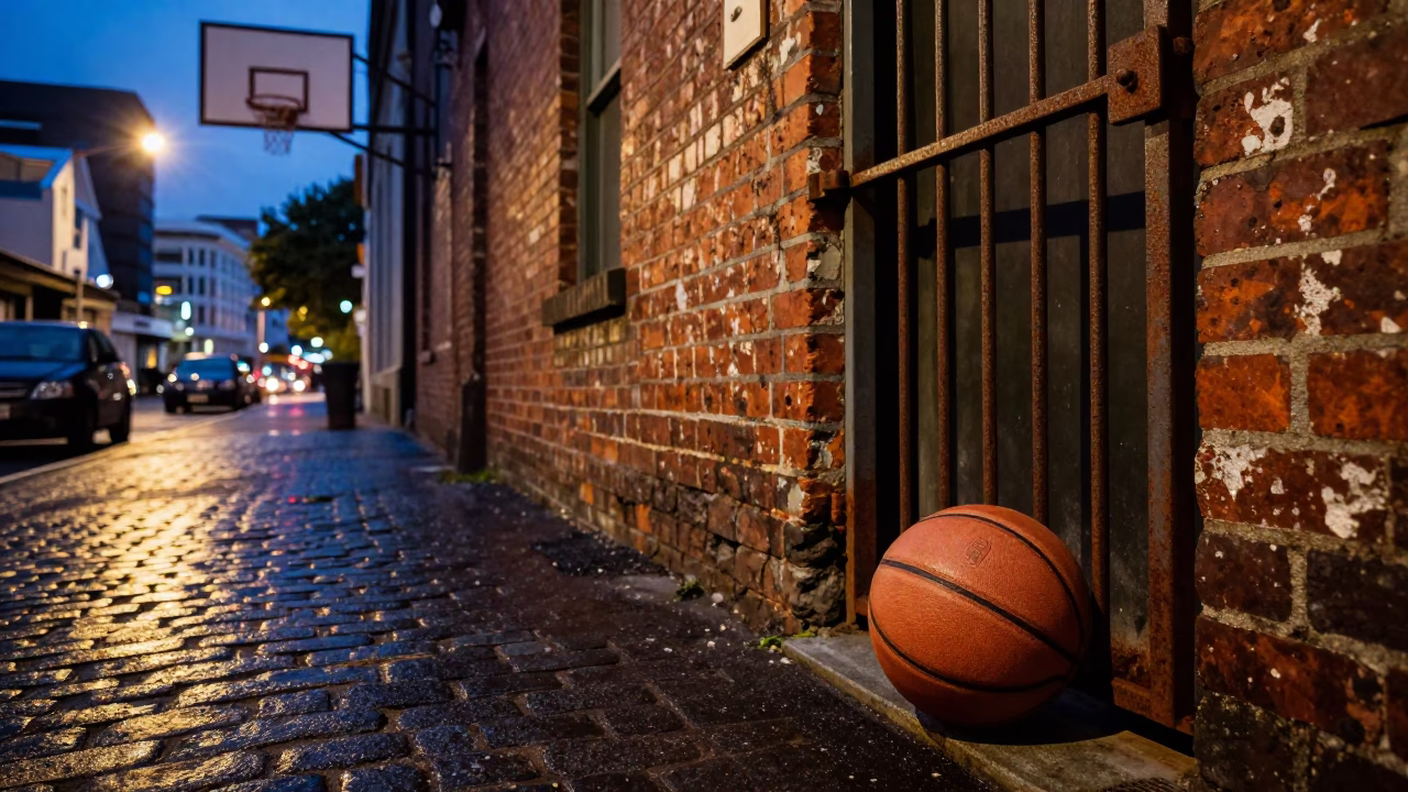 Twilight Street Scene in Wellington New Zealand with Vintage Basketball and Urban Details in in Wellington, New Zealand
