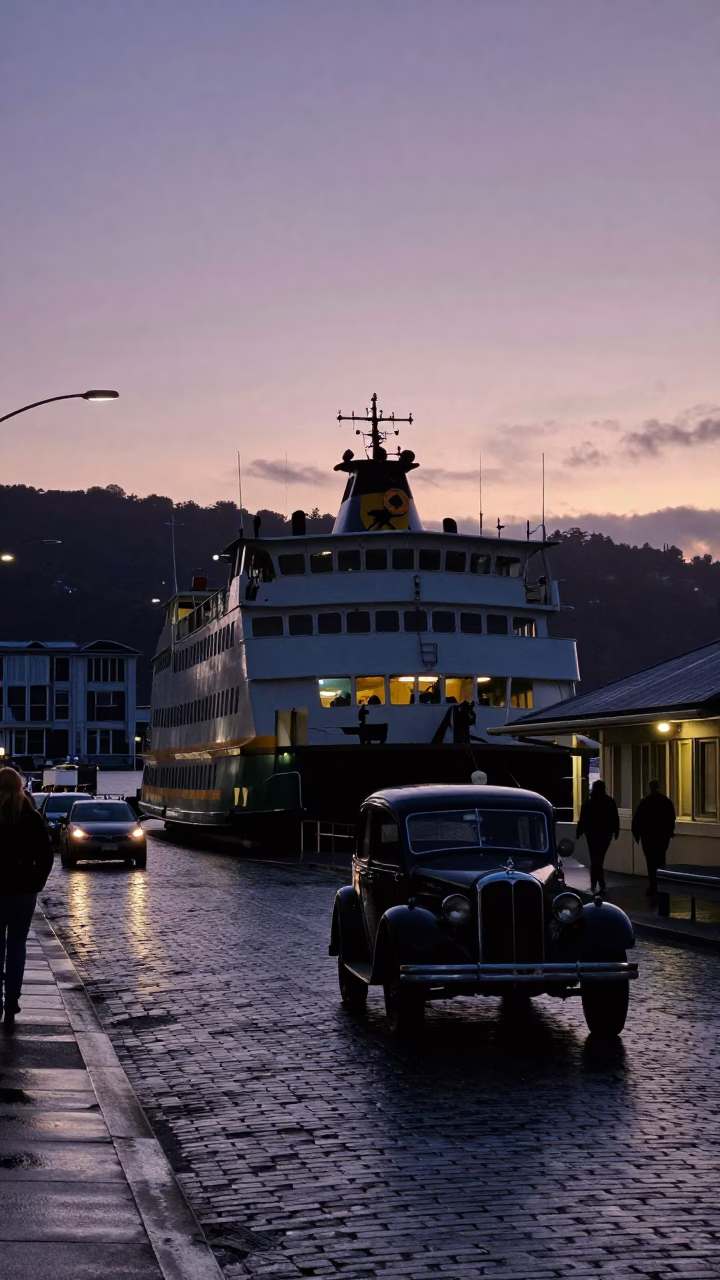 Twilight Street Scene in Wellington New Zealand with Vintage Car and Ferry in in Wellington, New Zealand