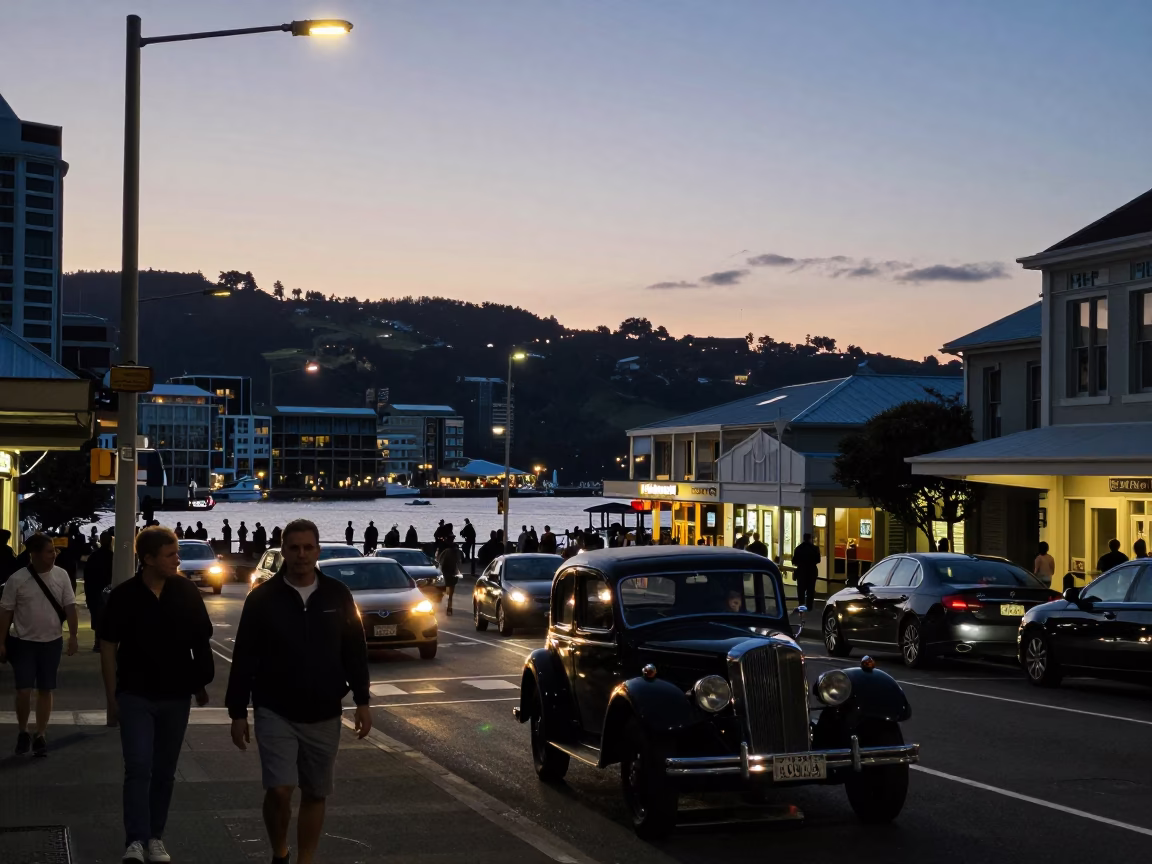 Twilight Street Scene in Wellington New Zealand with Vintage Car and Pedestrians in in Wellington, New Zealand