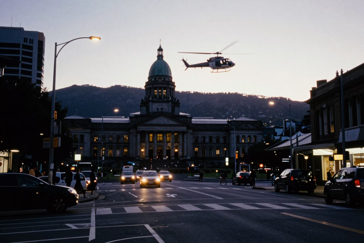 Twilight Street Scene in Wellington New Zealand with Vintage Helicopter and Urban Details in in Wellington, New Zealand