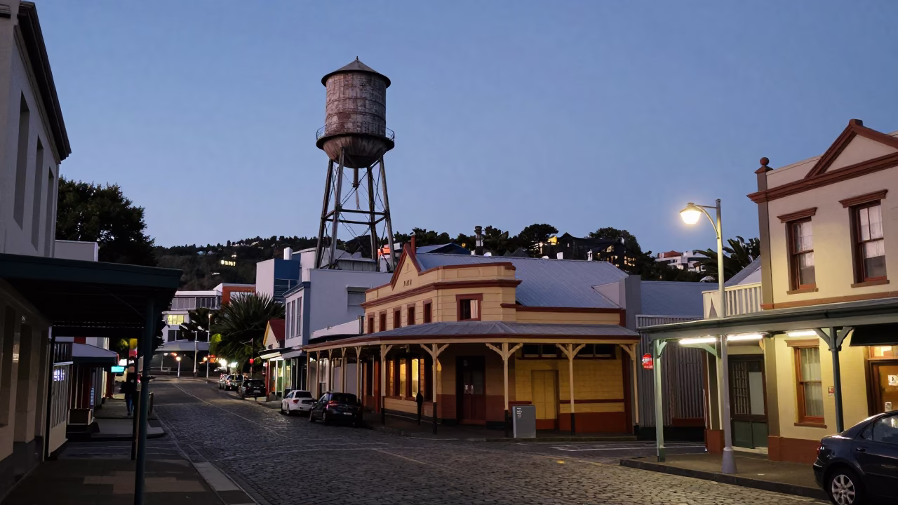 Twilight Street Scene in Wellington New Zealand with Water Tower and Local Interaction in in Wellington, New Zealand